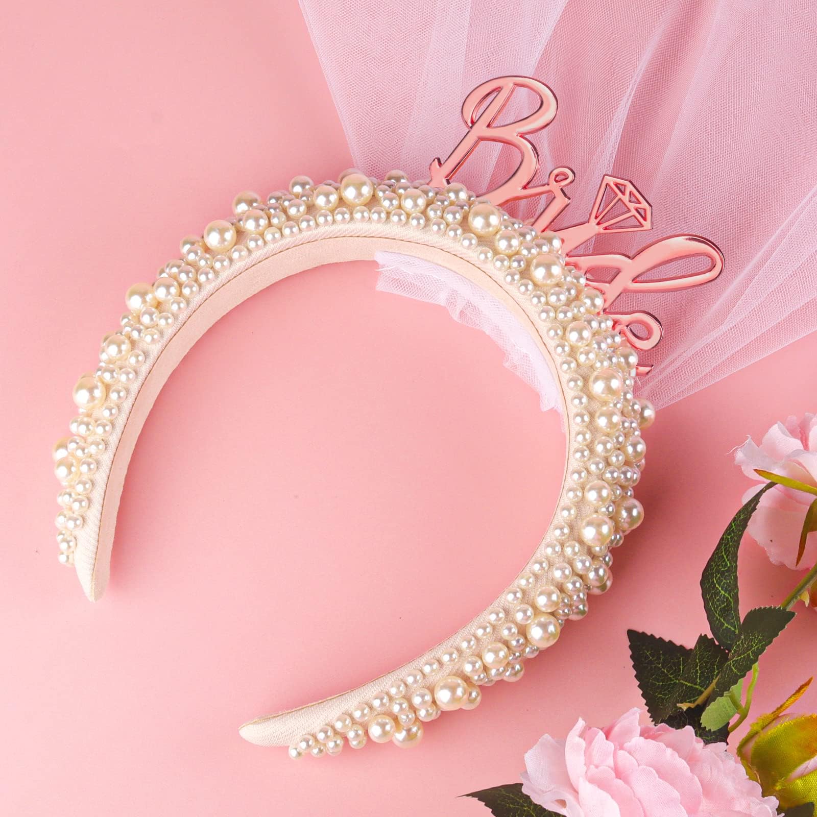 Azonee Bride Headband Bride To Be Headband for Bridal Shower Gift Elegent Pearl Bridal Headband with Veil Bachelorette Party Decorations Bride Accessories Rose Gold, One Size
