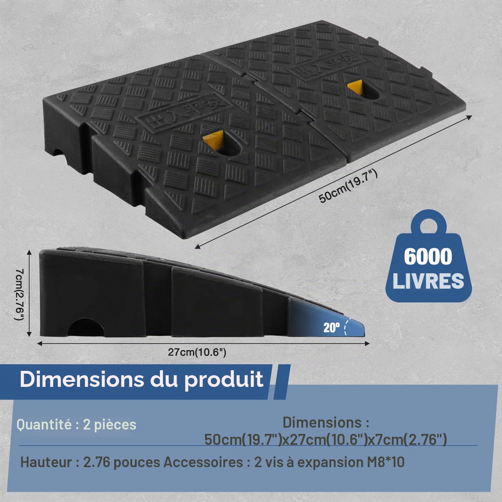 Rampe de Trottoir de 7 cm de Haut, Lot de 2, Rampe de Trottoir antidérapante pour fauteuils roulants, Scooters de mobilité et poussettes, Rampe de seuil en Plastique avec Bandes réfléchissantes