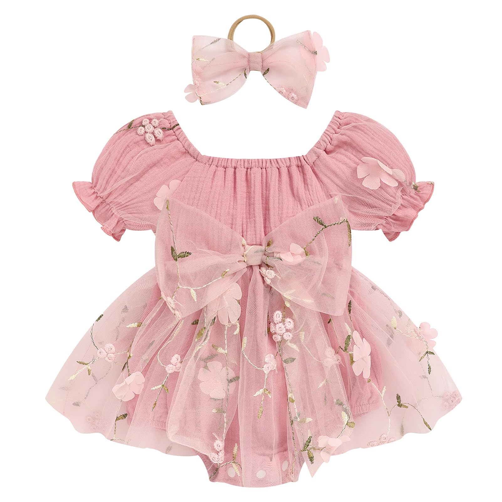 Baby Girl Romper Dress Infant Linen Tulle Bodysuit Puff Sleeve Summer Outfits With Headband Cake Smash Clothes