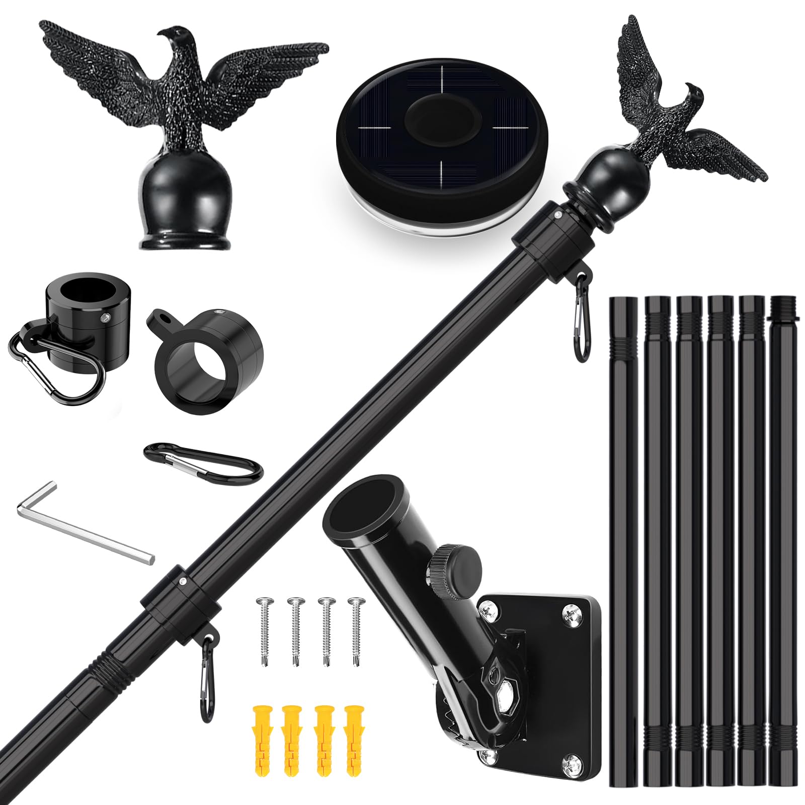 Photo 1 of LETSTRY 7FT Flag Pole Kit for House with Solar Light and Adjustable Bracket, 1" Thickened Stainless Steel Outside Wall Mount Flagpole for 3x5 American Flag, for Residential, Outdoor or Porch (Black)