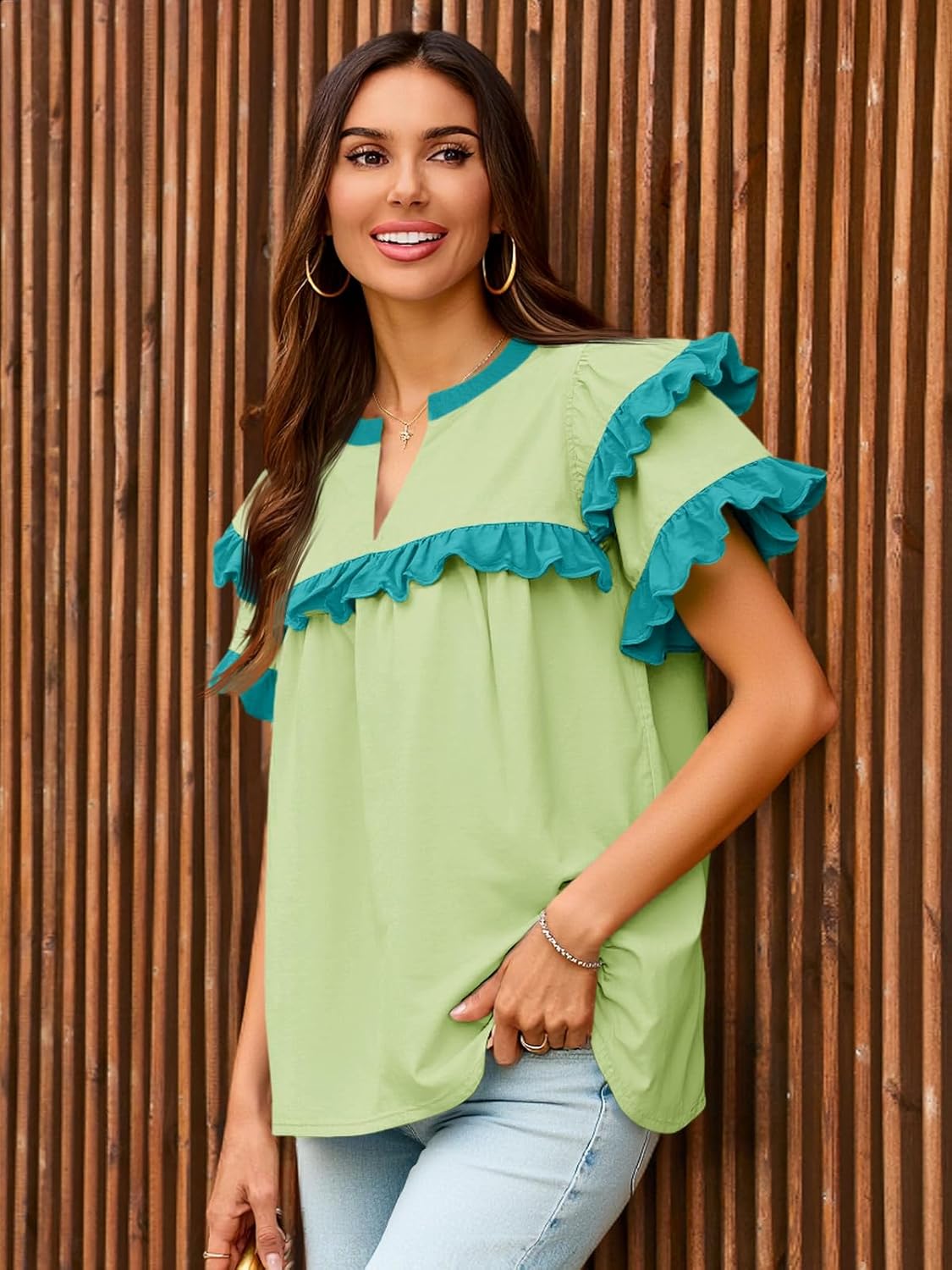 Tankaneo Womens Ruffle Sleeve Babydoll Tops Color Block Summer V Neck Pleated Blouse Dressy Casual Loose Fit Shirts - Image 4