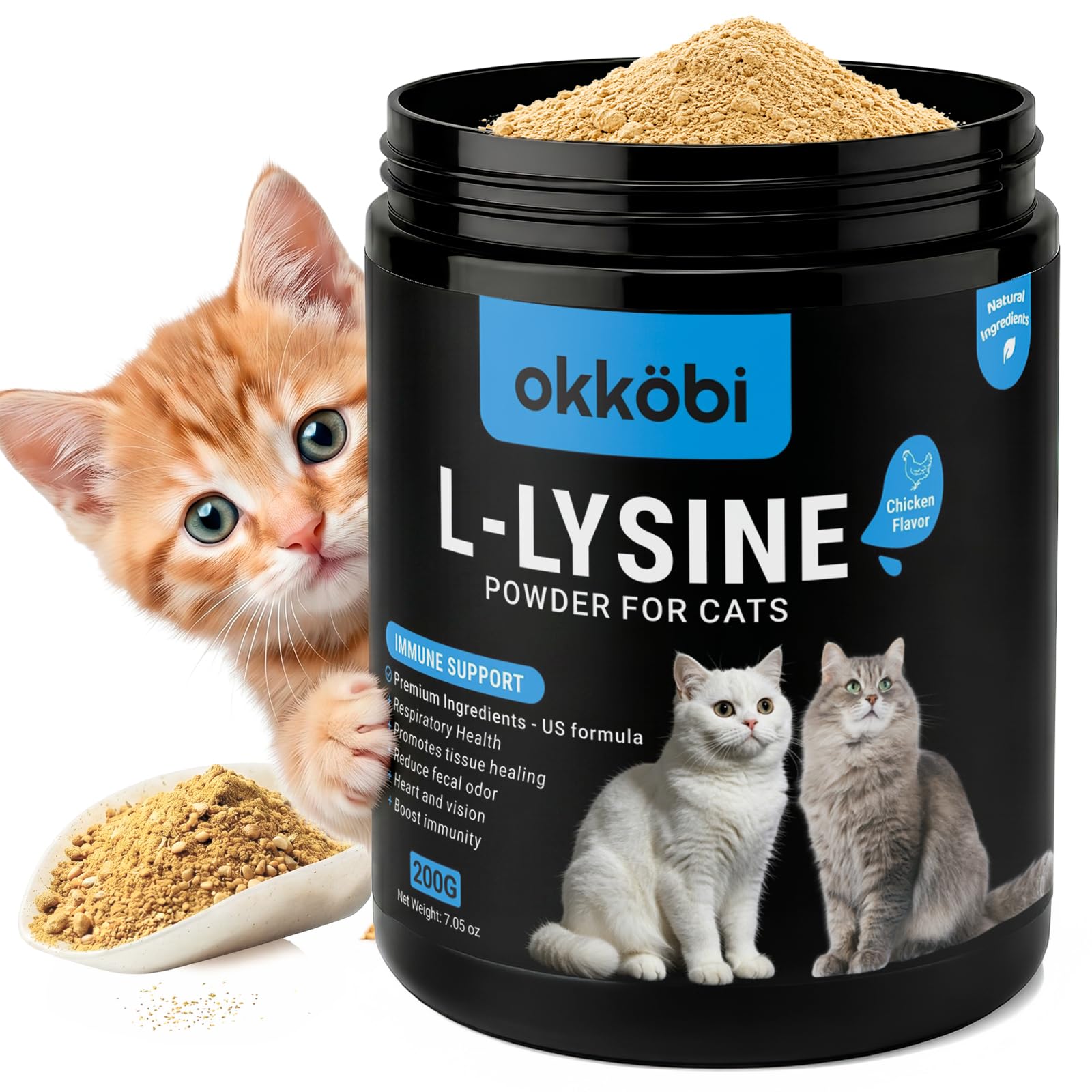 L Lysine for Cats & Kittens - 200 Servings - Advanced Feline Immune Support - Easy to Mix - L-Lysine Powder for Cats - Eye Health & Sinus Relief