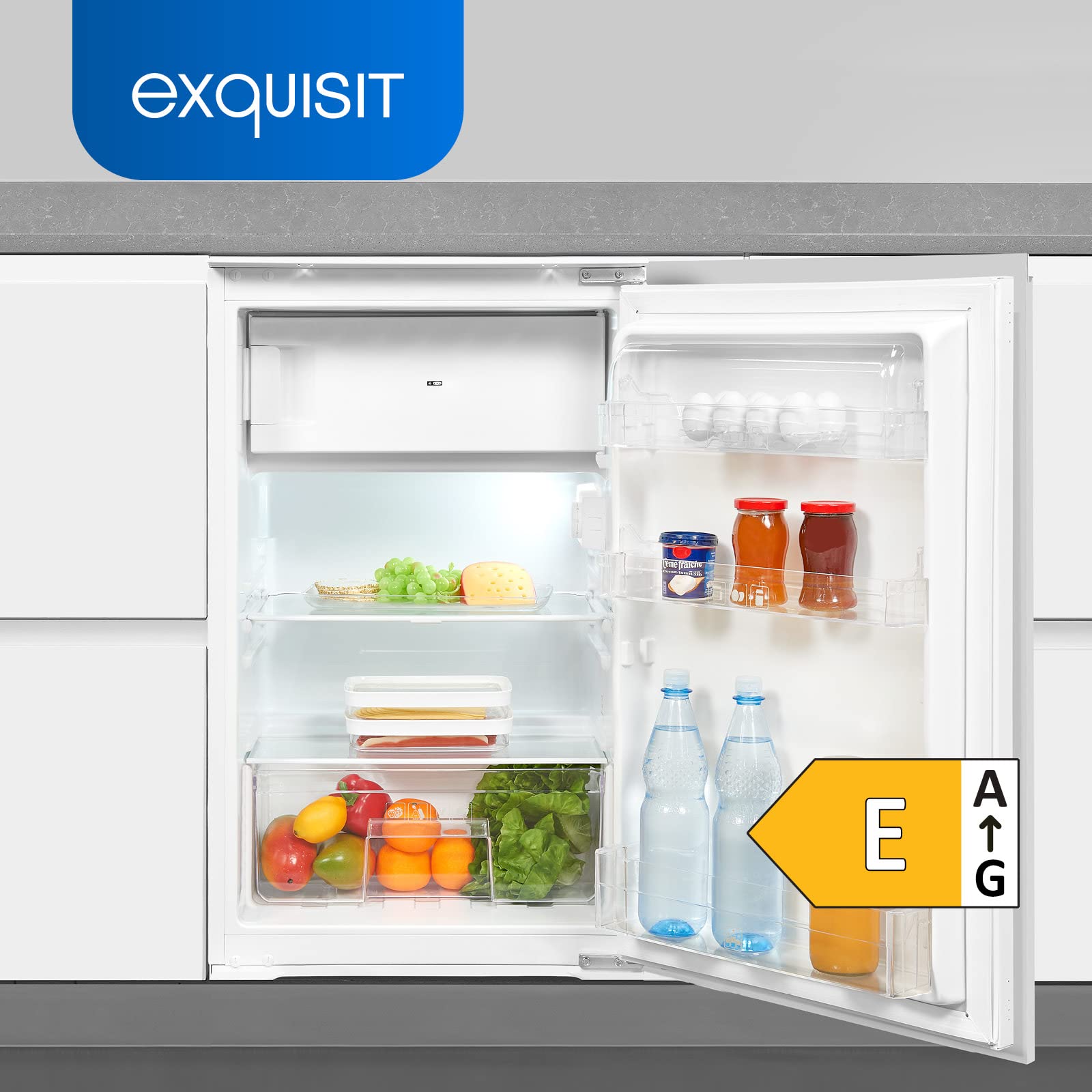 Exquisit EKS131-4-E-040E Einbaukühlschrank, Nischenhöhe 88 cm, 54 cm breit, 118L, Schlepptürmontage, große Gemüseschublade, LED Beleuchtung, Eierablagen