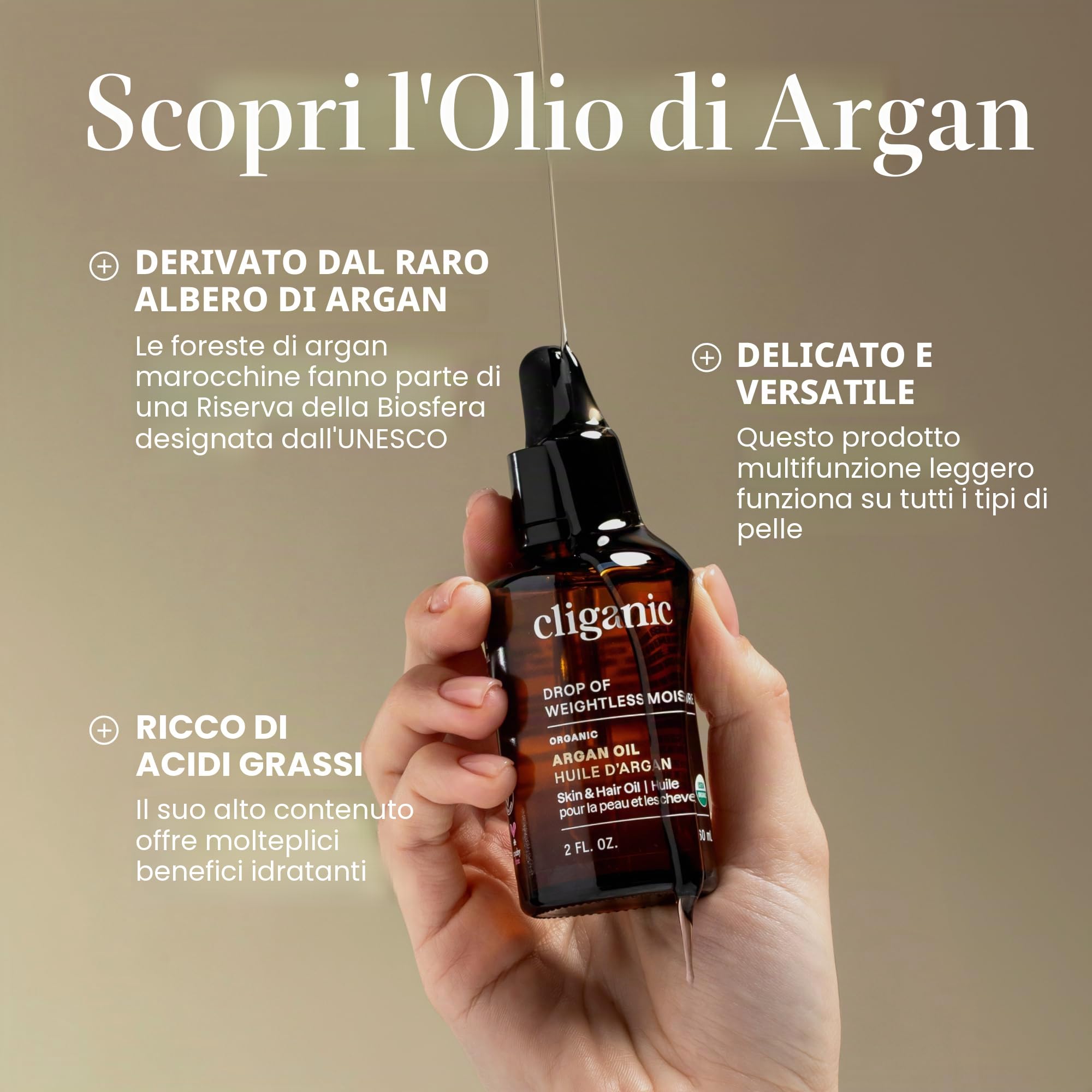 Cliganic Olio di Argan Biologico, puro al 100% (60ml) | per capelli, viso e pelle | Olio vettore spremuto a freddo, importato dal Marocco