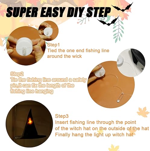 Miniatura 3 de taupphoo 24 sombreros de bruja negros de Halloween, sombreros de bruja flotantes iluminados con control remoto, luces de té, murciélagos 3D,