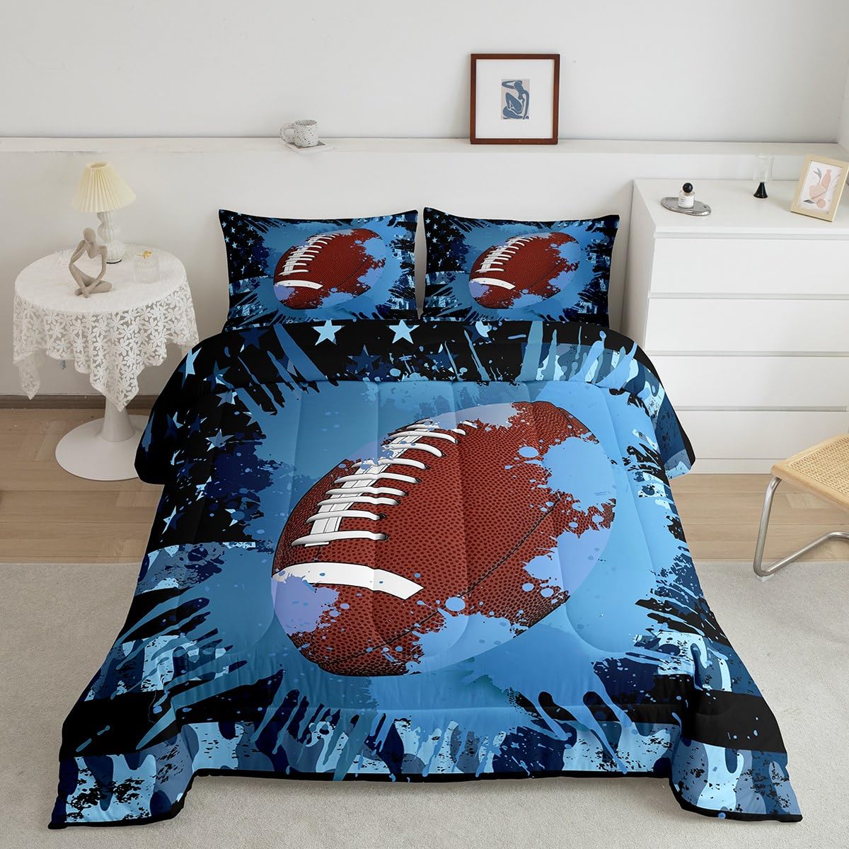 Camouflage Comforter Set, Kids Boys Football Bedding Set American Flag Down Comforter for Teens Adult Young Men, USA Federations Stars Stripes Duvet
