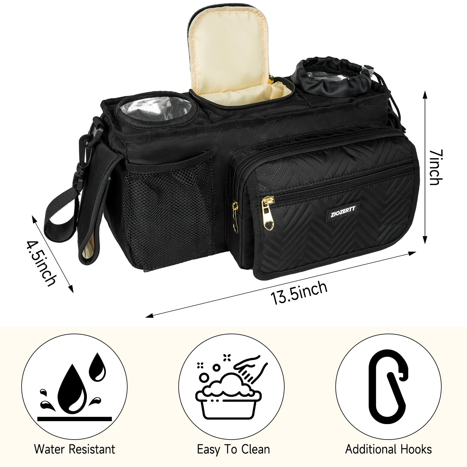 Universeller Kinderwagen-Organizer mit isoliertem Getränkehalter, Kinderwagen-Caddy Tasche mit Feuchttücher-Tasche, Kinderwagen-Zubehör, passend für Uppababy, Doona, Jogger, Britax, Mompush