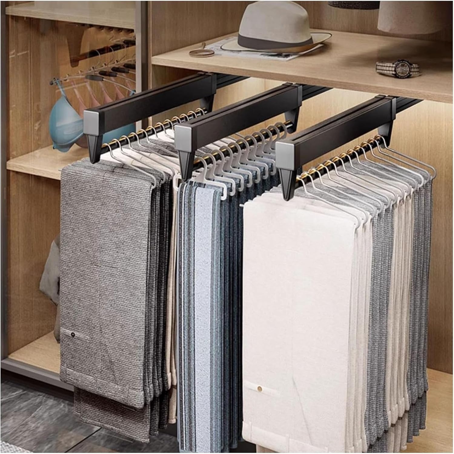 引き出し式ハンガーレール、引き出し式ハンガーロッド、プッシュプルワードローブパンツラック、アルミ合金製トップマウント伸縮式ズボンラッ