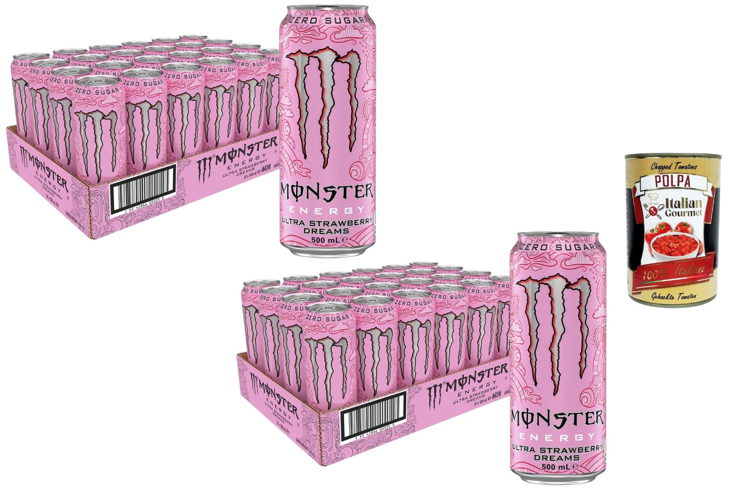 Italian Gourmet Monster Energy Ultra Strawberry Dreams Zero Azúcar 48 x 500 ml Energy Drink Paquete a granel + Pulpa de Tomate Italian Gourmet Polpa 100% Italiana