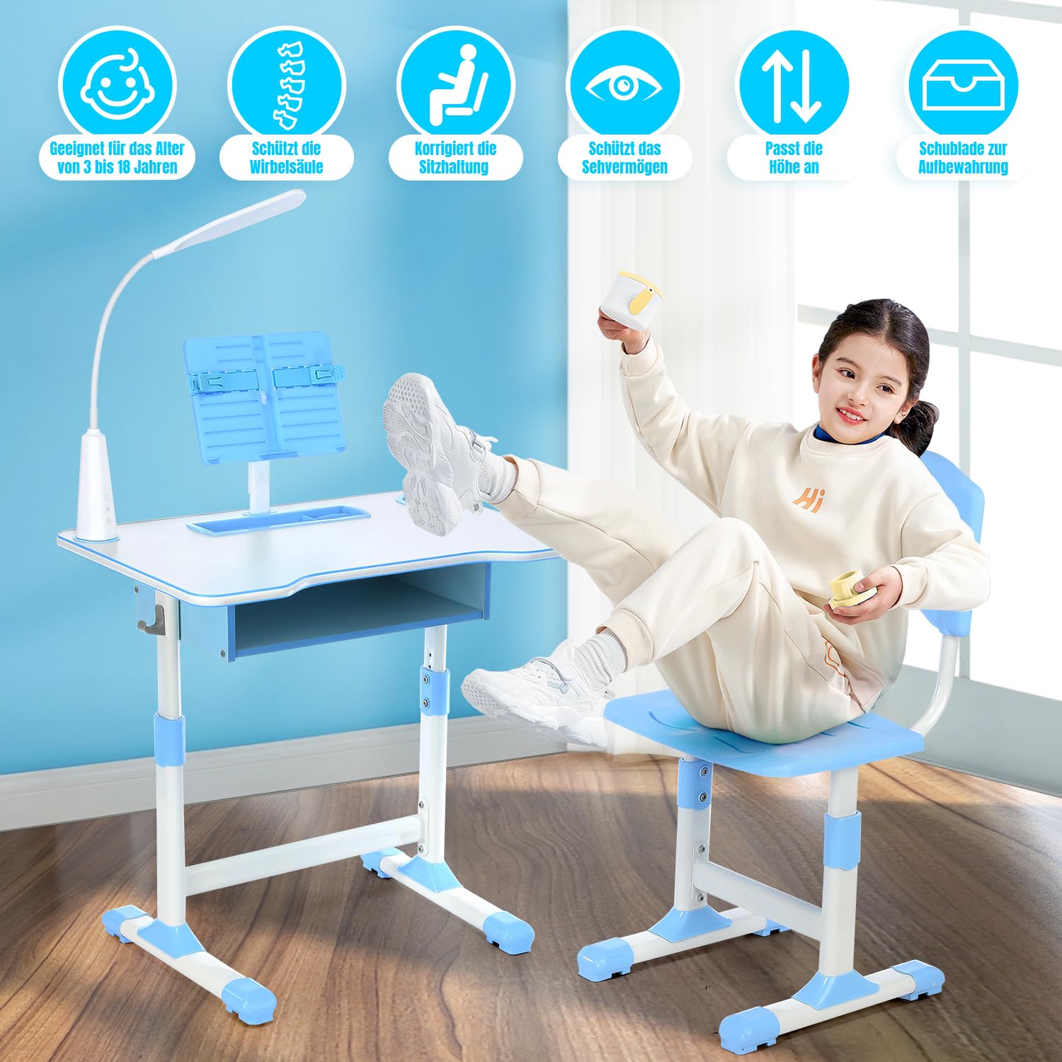 Kinderschreibtisch Set mit Bücherständer & LED-Licht, höhenverstellbarer Kindertisch und Stuhl mit Tischplatte & Schublade, Kinder Schreibtisch für Jungs & Mädchen (Blau), FA0021