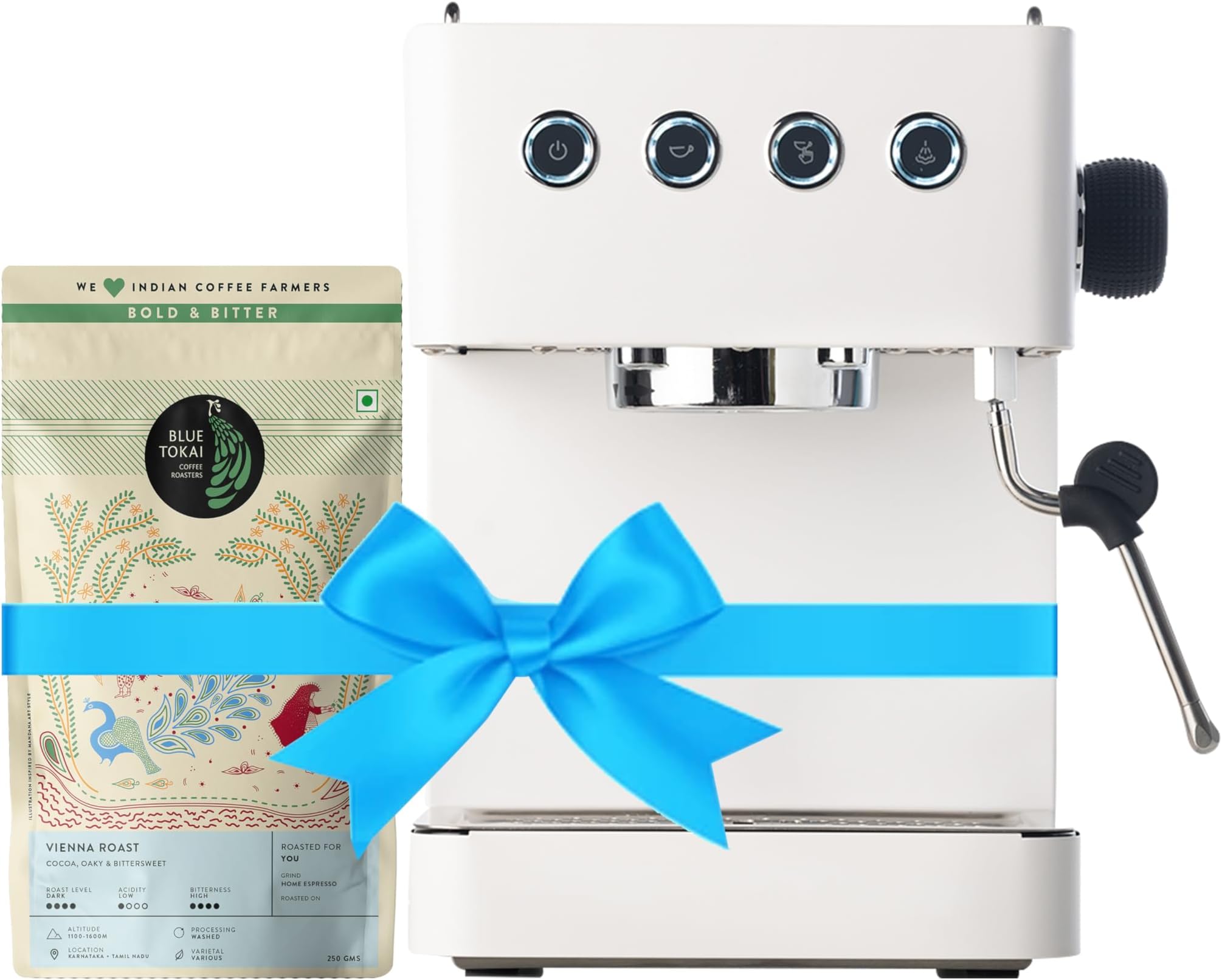 Blue Tokai Coffee Roasters Mage Espresso Coffee Machine with Free Vienna Roast Coffee 250g | 360° Rotating Steel Jet | Manual and Automatic Modes| 15 Bar | Removable Water Tank