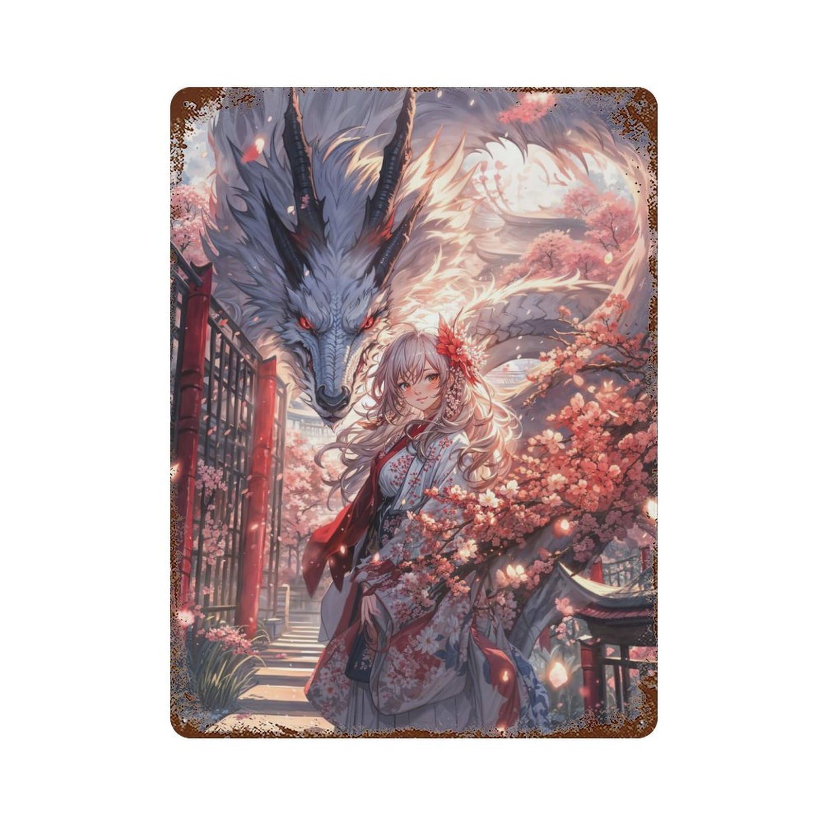 Aged Metal Wall Plaque with Sakura Anime Girl Dragon Design 15.7"x11.8", for Farmhouse, Kitchen And Entryway Decor, Retro Wall Decor