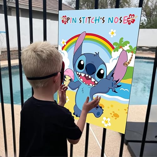 Miniatura 3 de HAILM Pin The Nose on Stich - Divertidos suministros de fiesta de cumpleaños y decoraciones para niños, póster grande impermeable con vendas de