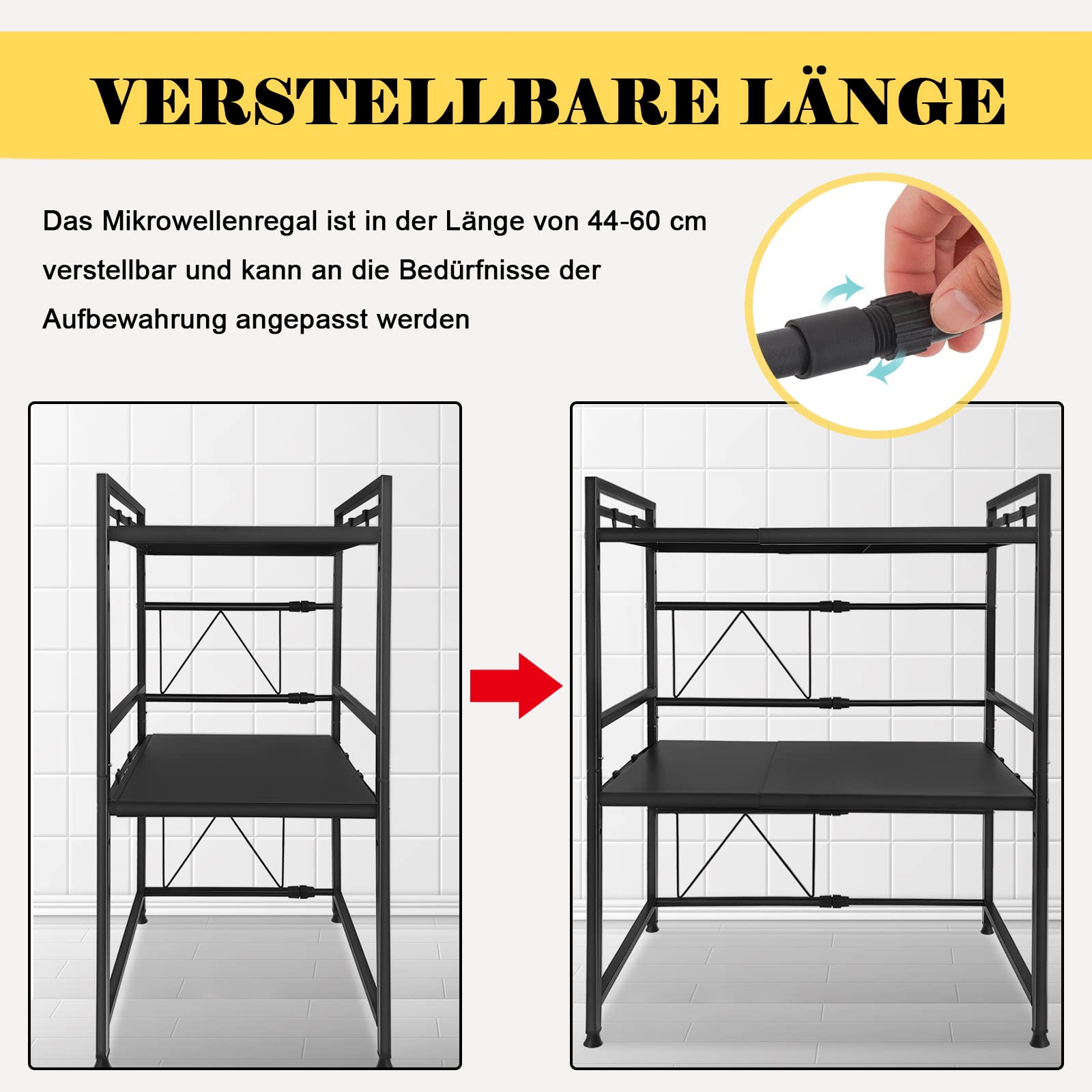 UISEBRT Mensola Microonde Estensibile con 8 Ganci, 3 Livelli Supporto Allungabile per microonde, Scaffale da Cucina Organizzatore, Nero
