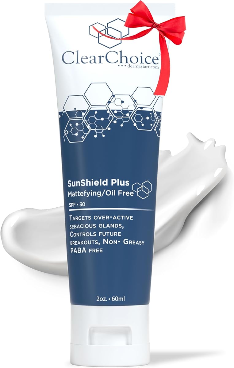 Clear Choice Sun Shield Plus 1.7oz – Protector solar diario no graso para pieles grasas y propensas al acné, SPF 30, controla los brotes y el sebo, sin PABA con óxido de zinc, fácil aplicación en 1 paso para adolescentes y adultos