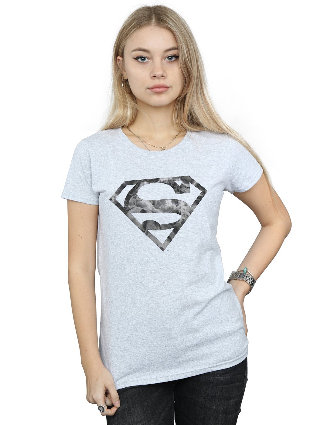 Dc Comics Women's Grey Superman Marble Logo Cotton T-Shirt In Medium