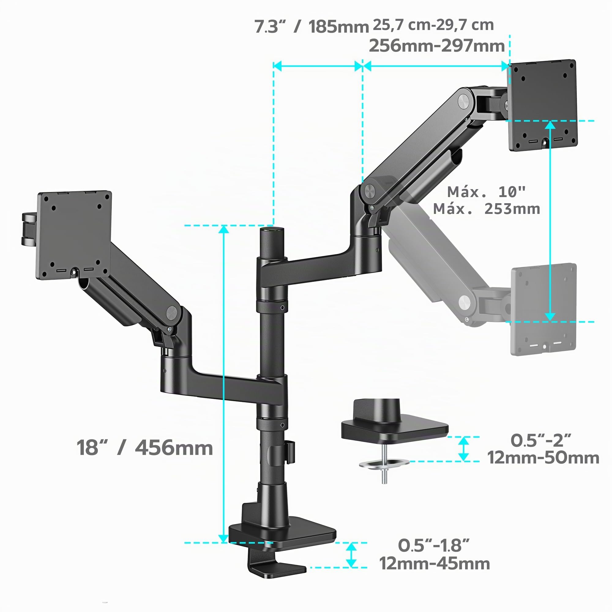 ARES WING Soporte Monitor para 2 Monitores de 17-49", Negro | Brazo Monitor Carga máx. 20 kg/brazo, Soporte Escritorio Altura Regulable, VESA 75/100 mm