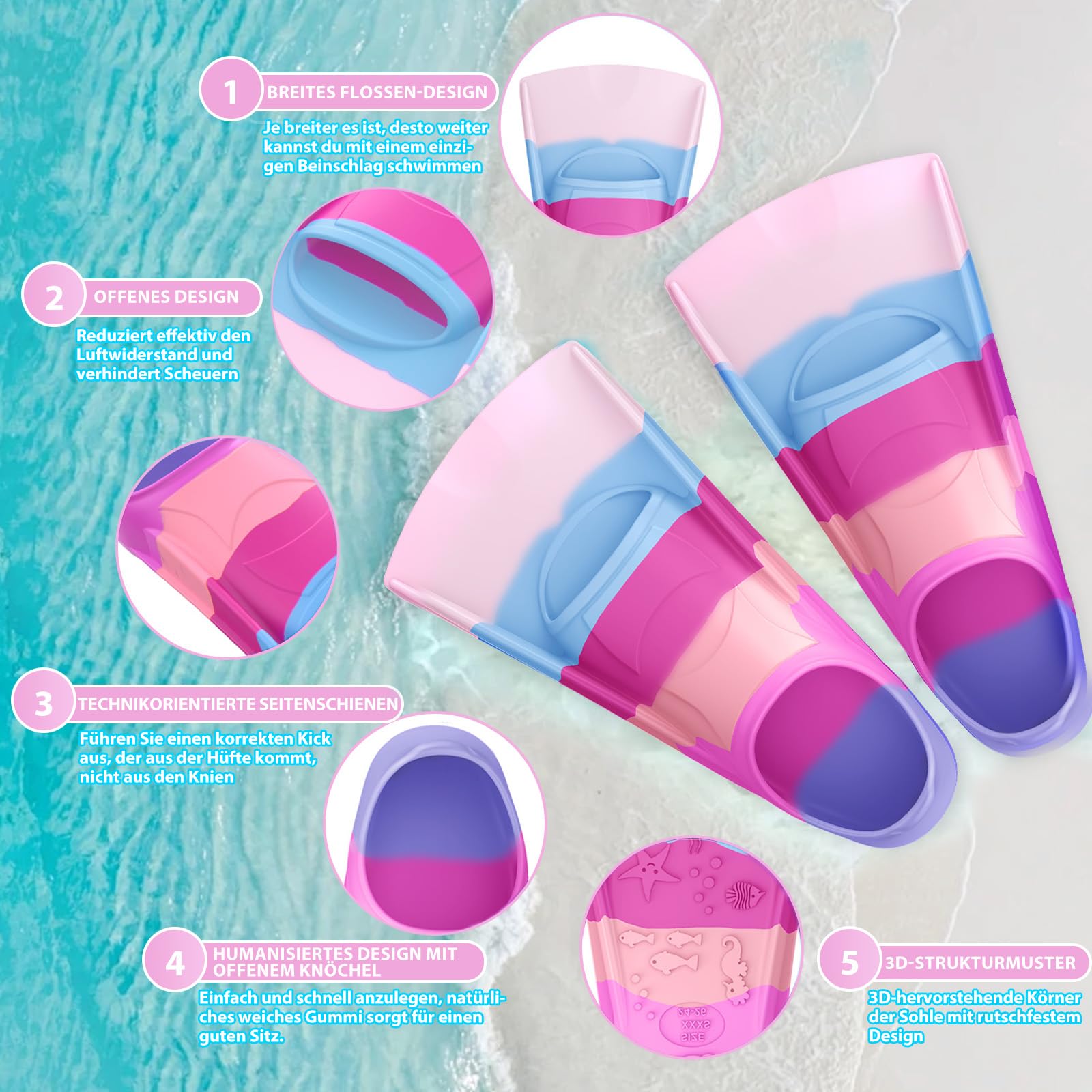 QcoQce Schwimmflossen Kinder, 100% Silikon Kinder flossen und Kurzflossen zum Schnorcheln, Tauchen, Training und für den Urlaub, in praktischer Reisegröße mit Netzbeutel für Pool und Strand.