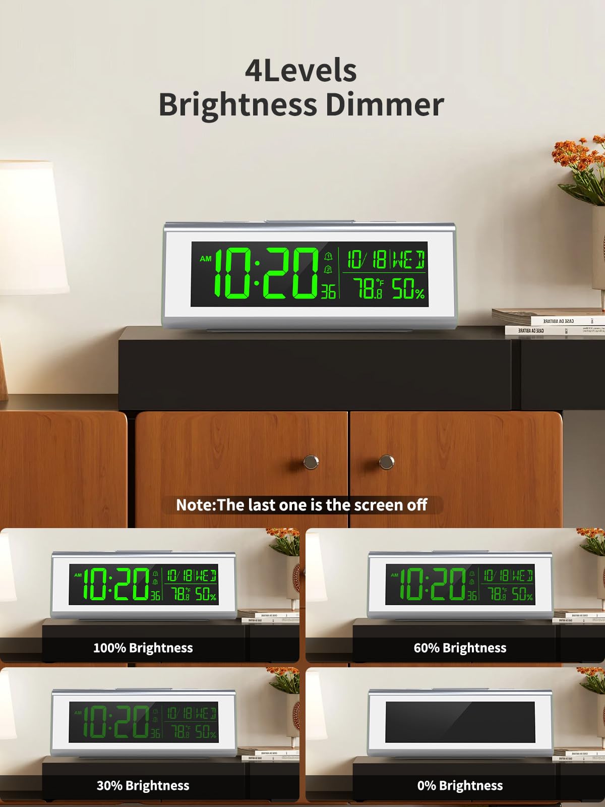 Réveil numérique pour chambre à coucher avec écran LCD, couleur atmosphère, cycle de couleur dégradé, avec affichage de la température et de l'humidité, fonction snooze (blanc)