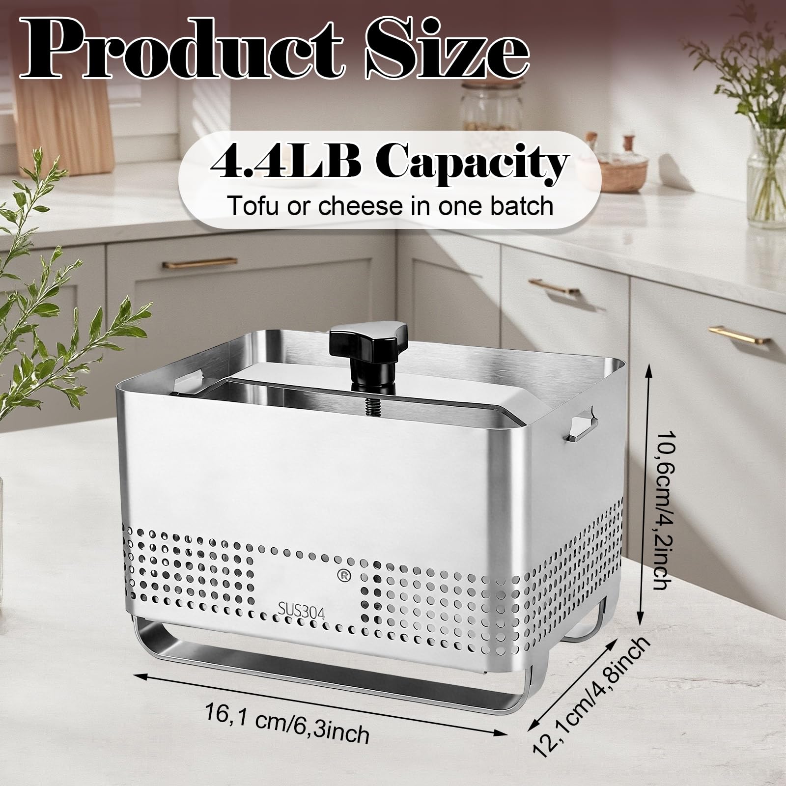 DAJAVE Tofupresse 304 Edelstahl, Tofupresse & Käsepresse & Tofu Maker （16x12x10.5CM), Edelstahl Tofu Presse Sicher und Einfach zu Bedienen Fleischpresse