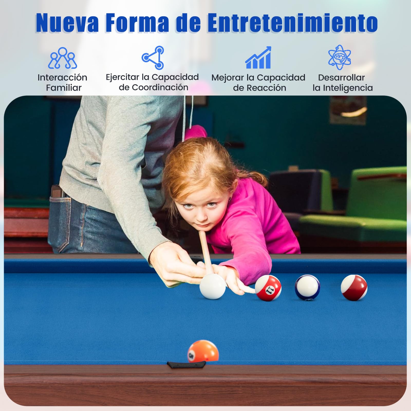 COSTWAY Mesa de Billar para Niños y Adultos, Mesa de Madera con Juego de Bolas, 2 Palos de Billar, 2 Tizas, Triángulo, Cepillo, para Sala Bar Gimnasio, 122 x 61 x 76 cm