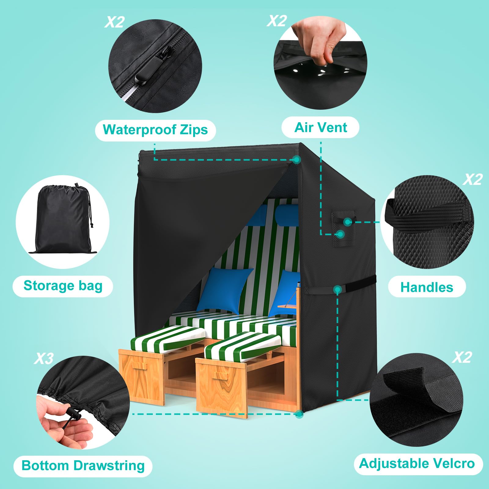 Funda Protectora para Sillón de Playa 135x105x175/140cm, Impermeable, Cortaviento y Resistente a los Rayos UV, Funda de Silla de Playa de Tejido Oxford 600D con Cremallera Impermeable