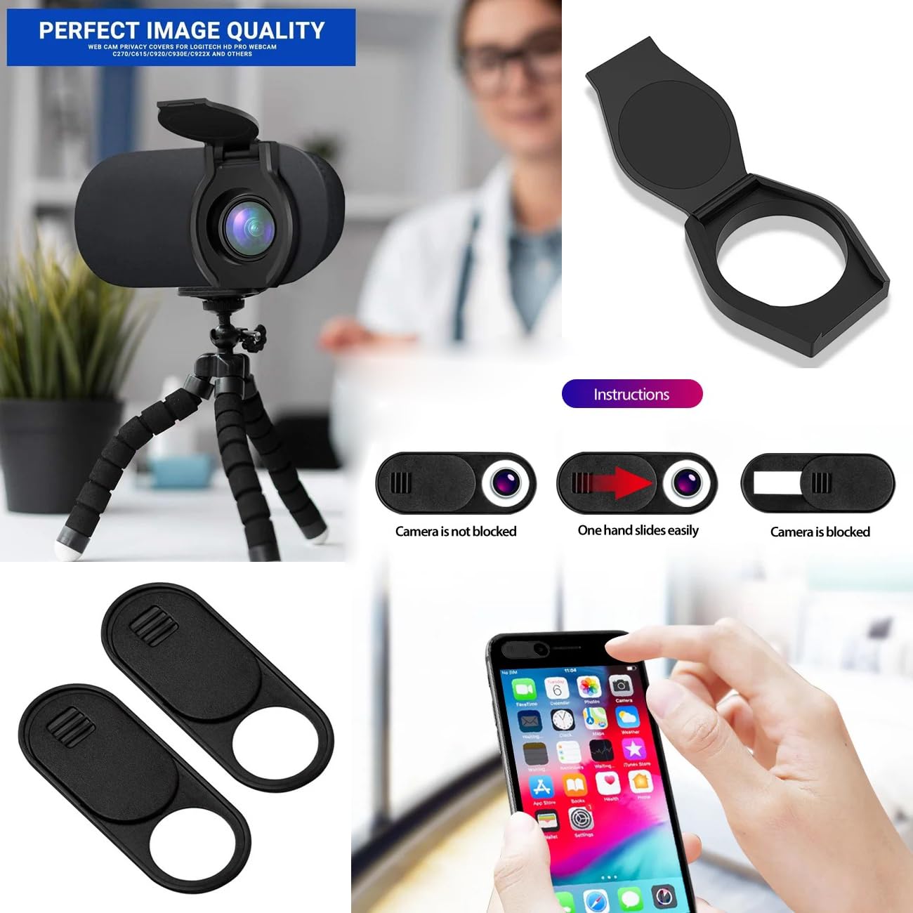 Paquete de 6 cubiertas para lente de cámara web, tapa de obturador de cámara USB, adhesiva, interruptor de privacidad abatible y deslizante, bloqueador de capó para Logitech HD Pro, iPad,