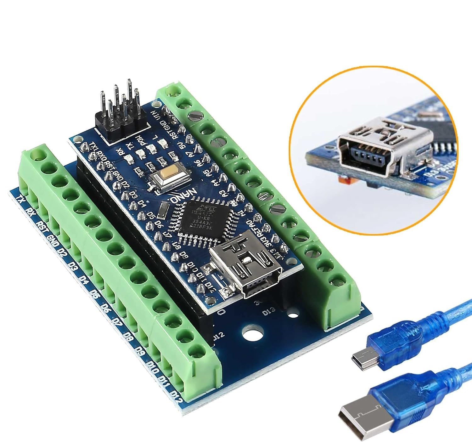 3pcs Nano Modulo Saldato, Nano Scheda CH340 Chip, 5V 16MHz per Arduino, con un Cavo Micro USB e 3PCS Nano Terminal Adapter Shield Scheda di Espansione