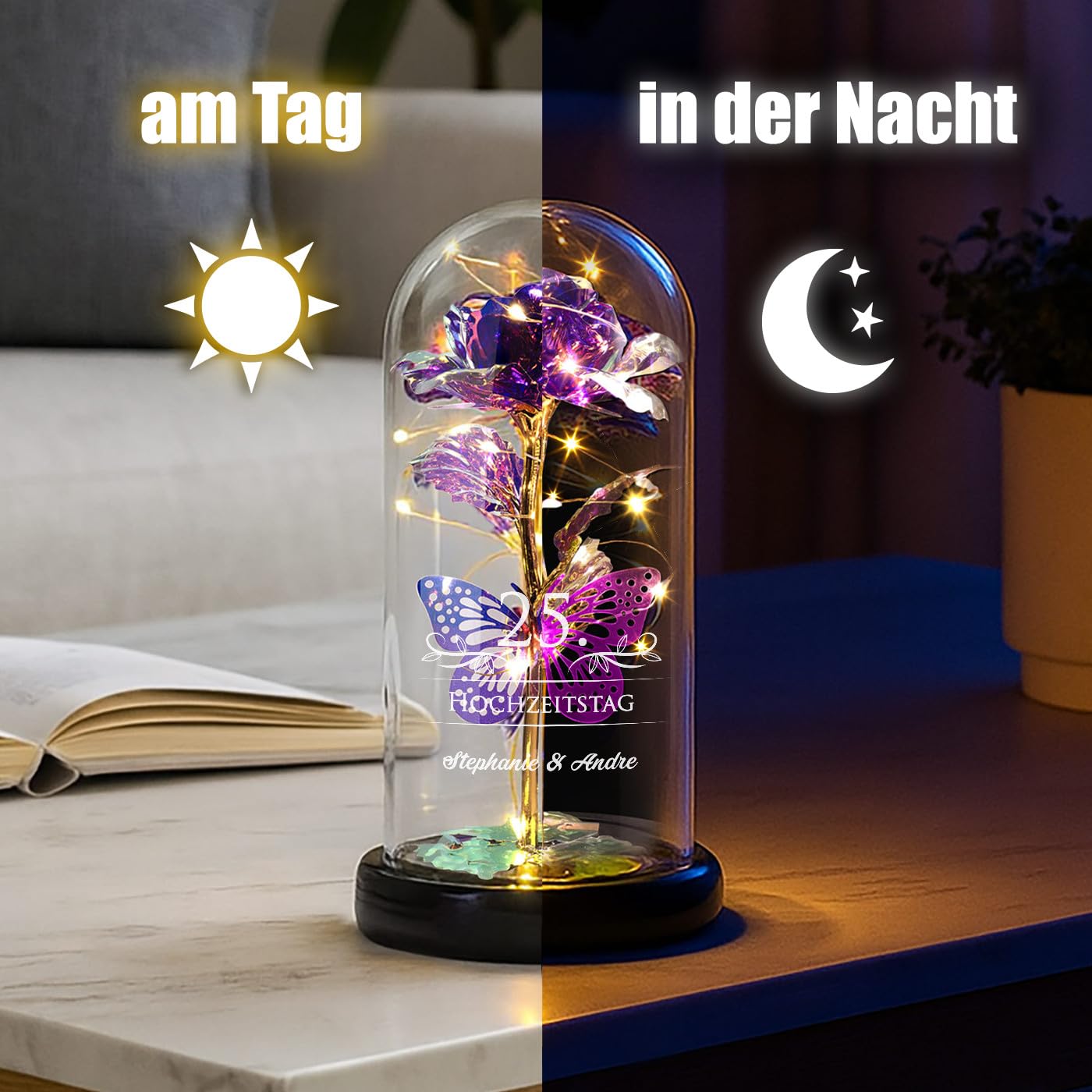 Maverton ewige Rose mit Gravur personalisiert - Rose im Glas mit Licht - Hochzeitsgeschenke für Brautpaar - personalisierte Geschenke zum Hochzeitstag zur Hochzeit