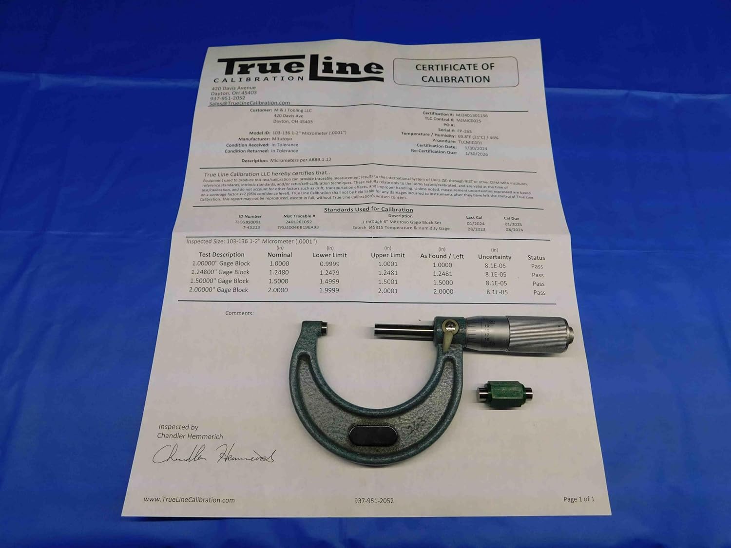 MITUTOYO 103-136 CALIBRATED 1-2" Outside Micrometer .0001" Graduation + Standard - BR3460LVR