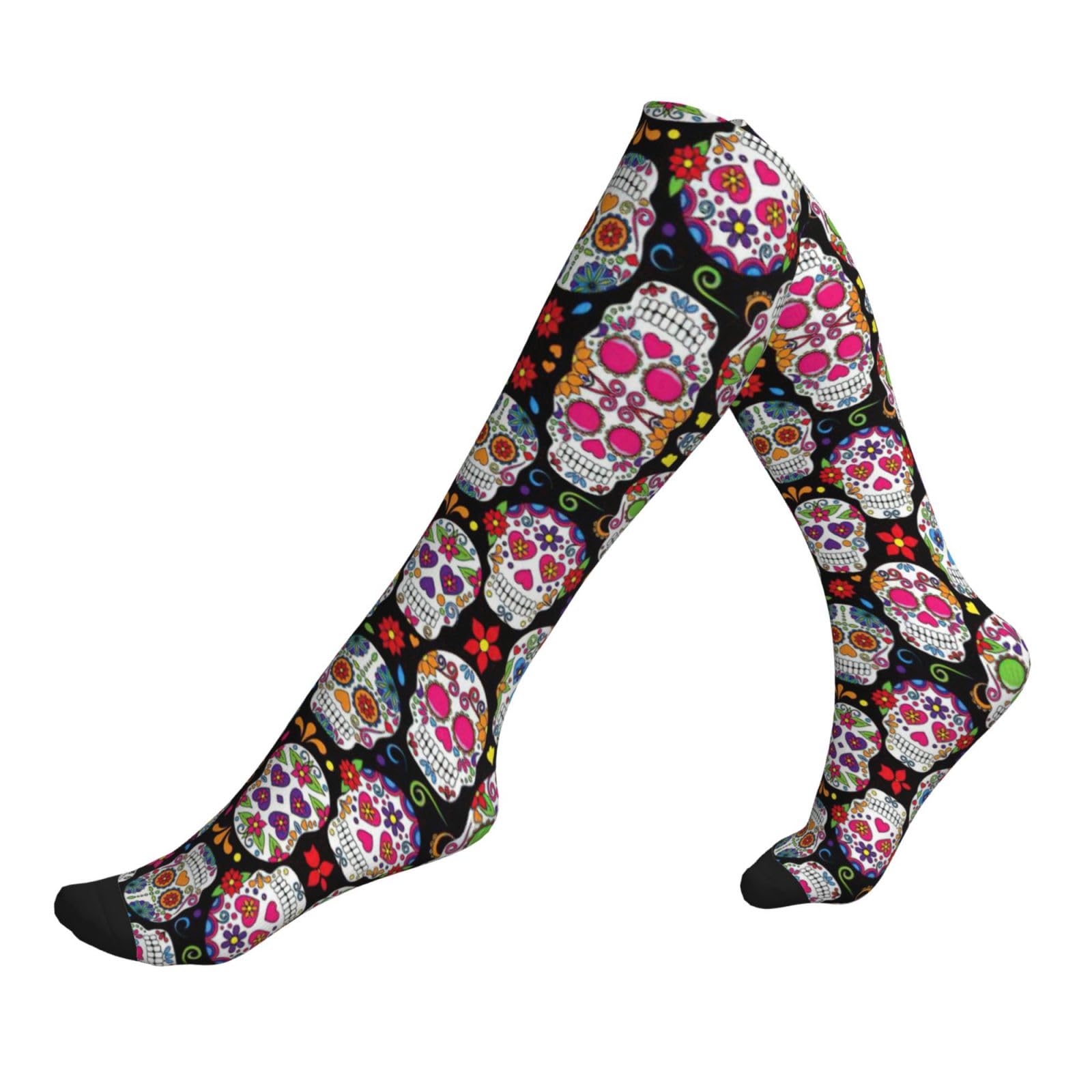 Duwaa Unisex 1 Black Sugar Skulls Print Compression Running Socks For Women Men, Support Circulation Socks, Athletic Crew Socks