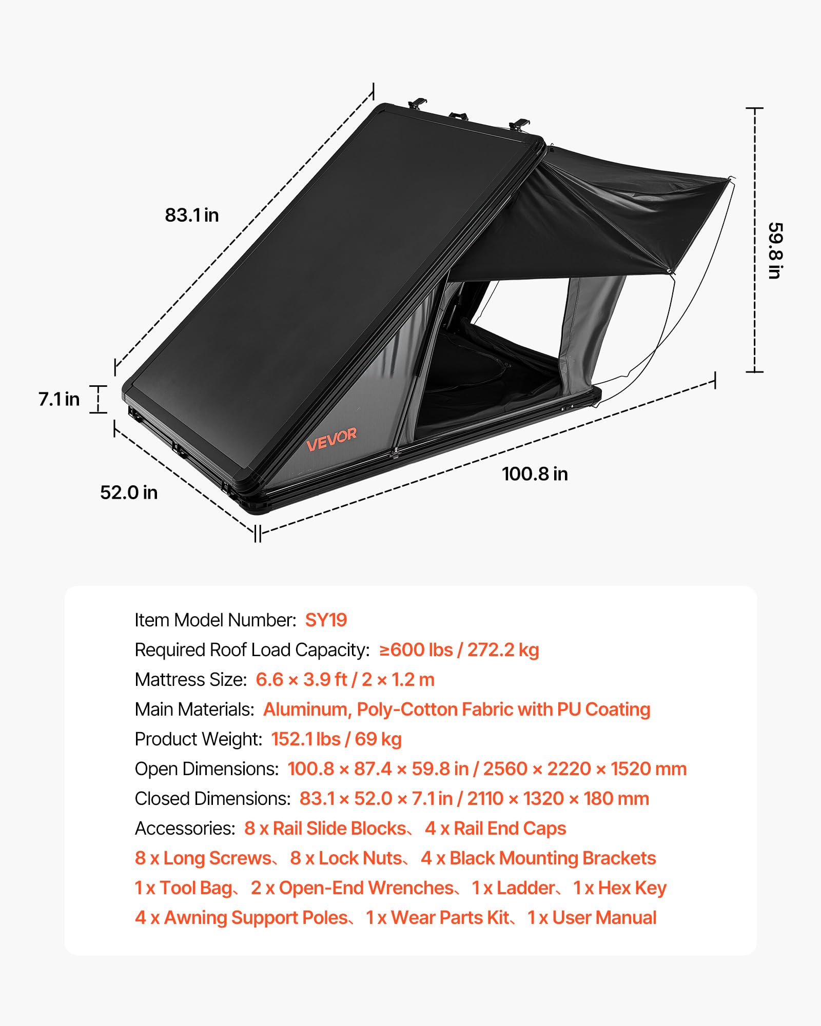 VEVOR Tenda da Tetto per Auto per Campeggio Viaggio Capienza ca. 2-3 Persone, Tenda Sopra Auto Telaio in Alluminio con Illuminazione LED Finestra Scala Carico 150 kg, Impermeabile per Jeep SUP