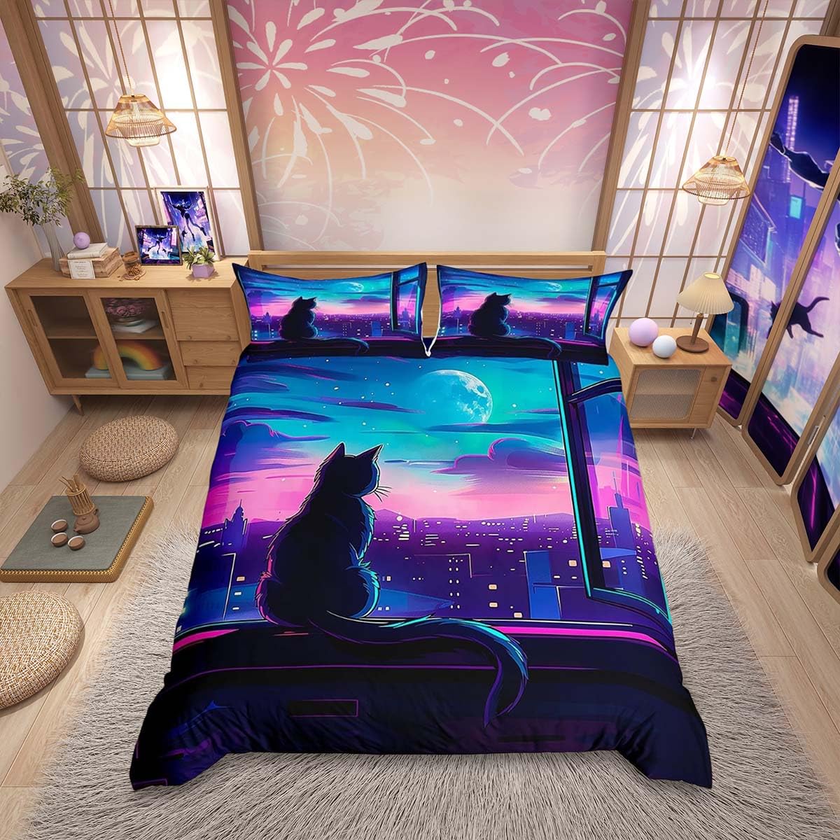 Housse de couette chat et lune King Size avec 2 taies d'oreiller Homemissing