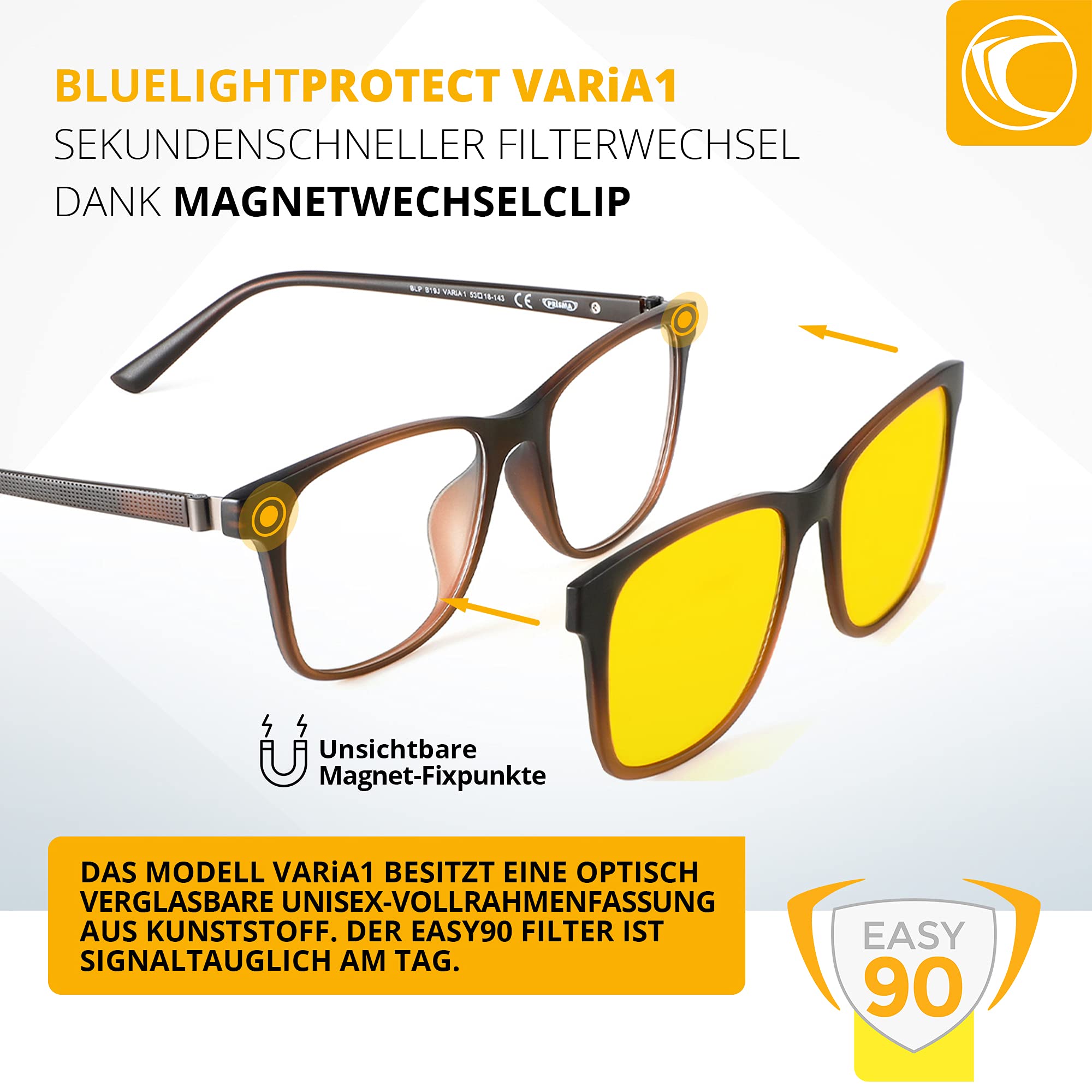 PRiSMA VARiA 1 - okulary z filtrem przednim magnetycznym światłem niebieskim EASY90 - do gier i TV - bluelightprotect - VA1702
