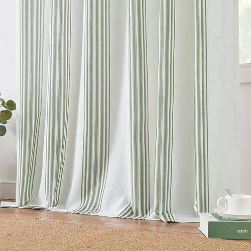 Miniatura 8 de jinchan Cortinas de lino a rayas de 84 pulgadas de largo para sala de estar, cortinas de rayas verde salvia, cortinas semitransparentes con pestaña