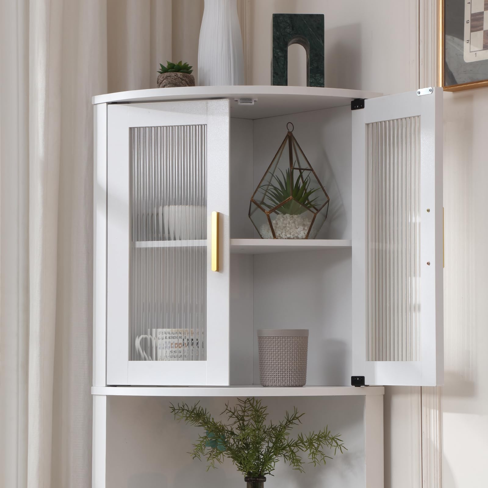 FOREST GRAVITY Hoher Badezimmer-Eckschrank Schlanker Wohnzimmer-Esszimmer-Aufbewahrungsschrank Corner Cabinet Möbel Schmaler Schrank mit Schublade Verstellbare Einlegeböden 73.5 * 164 cm Weiß
