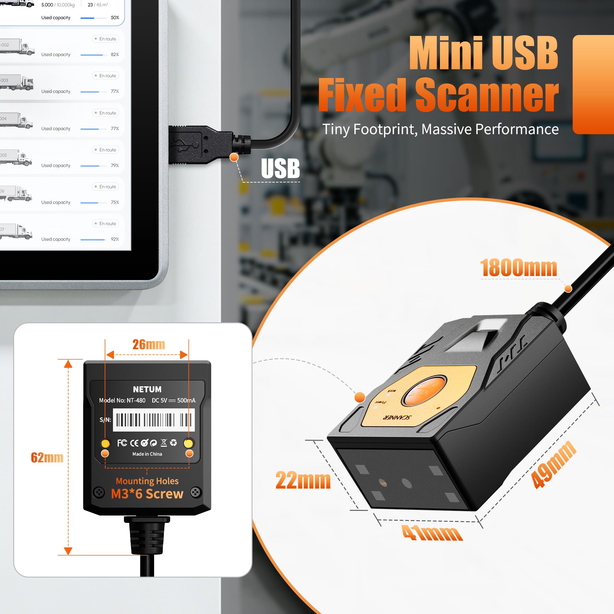 NETUM NT-480 Fixed Mount Barcode Scanner, Industrieller 1D 2D QR Code Scanner mit USB Anschluss, Auto-Sensing Embedded Scanner für Kiosk, Förderer, POS, Herstellung & Self-Service Systeme