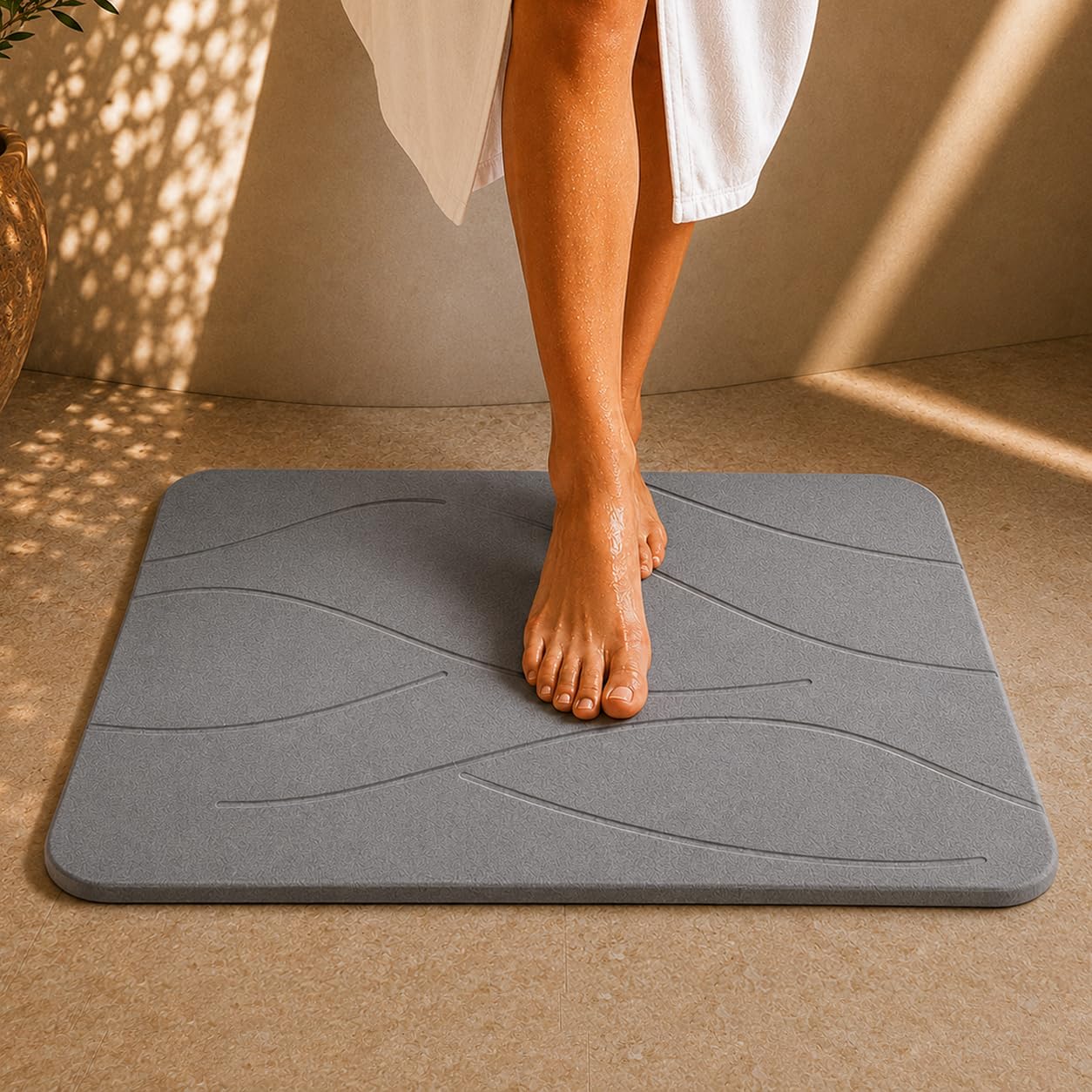 Alfombra de Baño de Diatomita 40 x 60 cm, Piedra Ultra Absorbente de Secado Rápido, Antideslizante y Antibacteriana, Alfombrilla de Ducha, Fácil de Limpiar. (Gris)