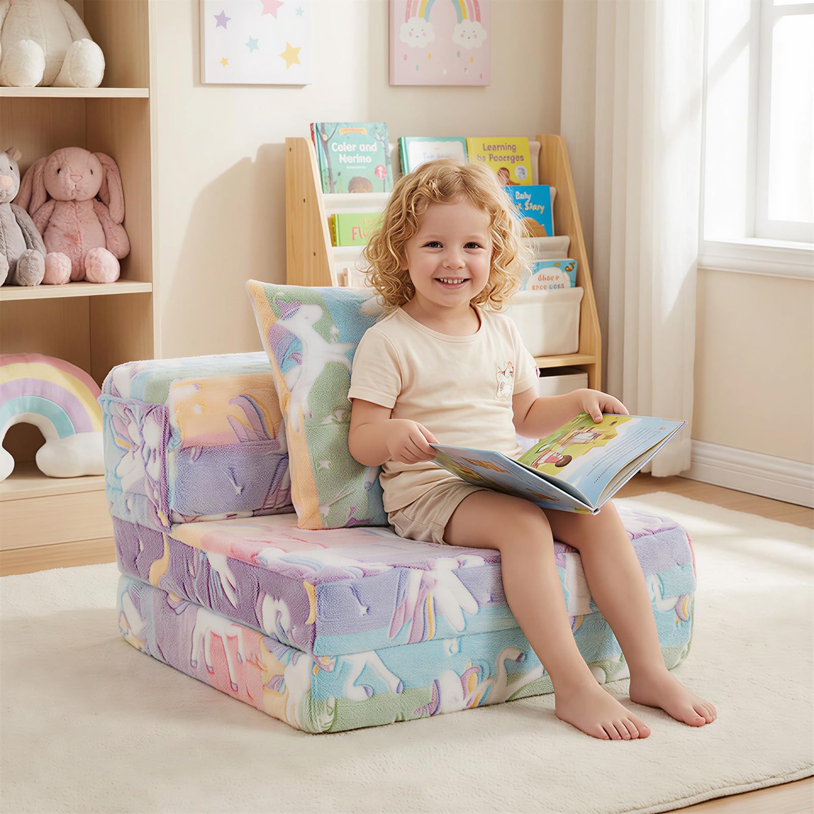 COSTWAY Sofa dziecięca 3 w 1 świecąca w ciemności, składany fotel z poduszką i zdejmowanym pokrowcem, wyściełana sofa do zabawy z funkcją spania do pokoju dziecięcego, kolorowy