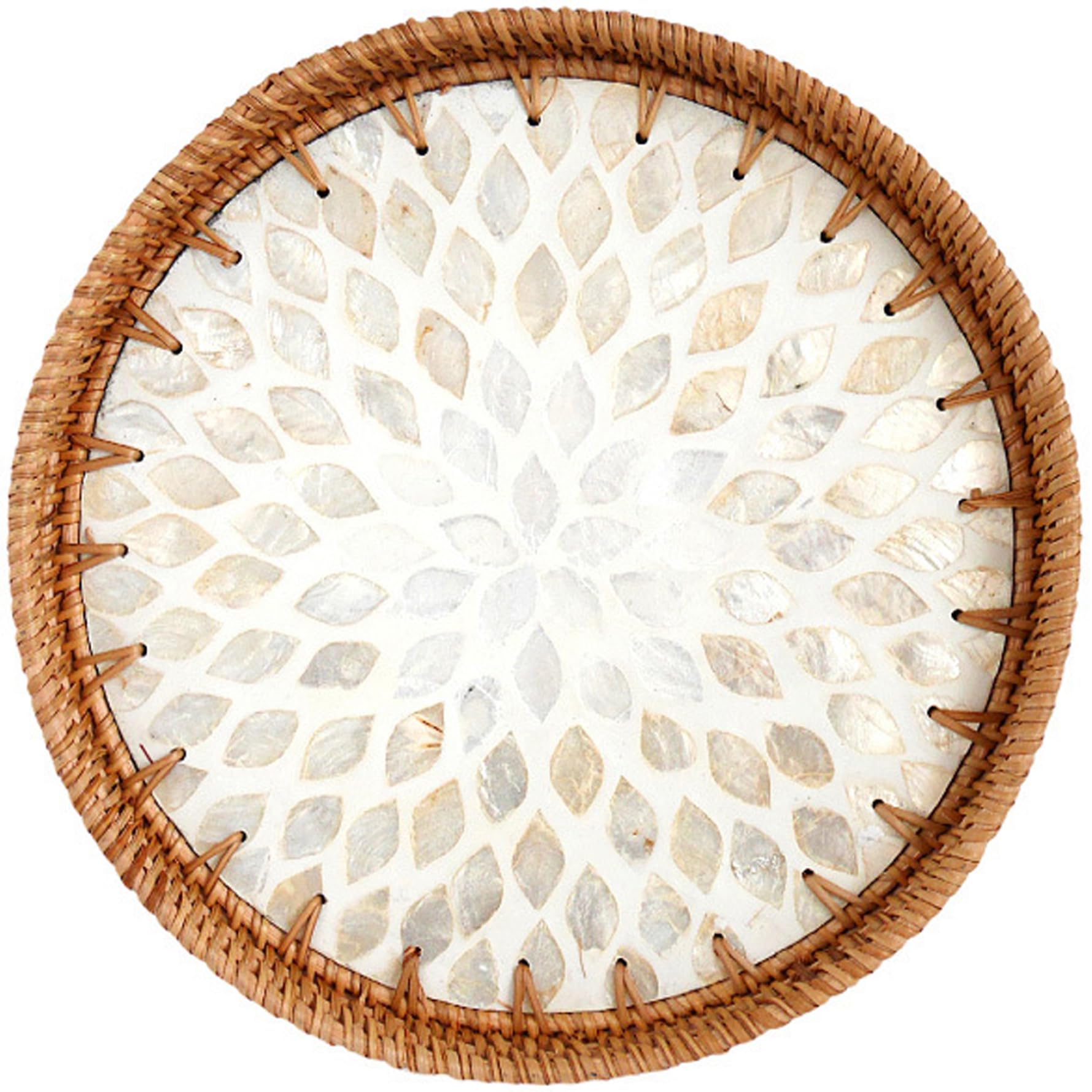 Licsaliwe Wicker Serving Tray - 12" Rustic Wicker Tray with Mother of Pearl Inlay, for Coffee Bread Fruit