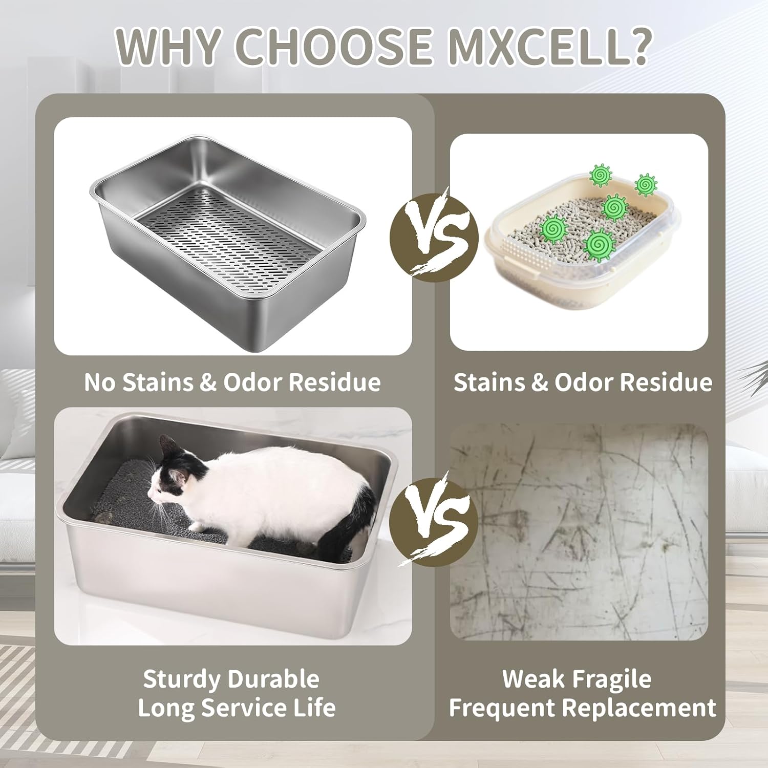 23.6''x15.7''x6'' Stainless Steel Sifting Litter Box, Metal Litter Sifter Pan with Scoop for Pine Pellets, Low Dust, Odor Control, Easy Cleaning