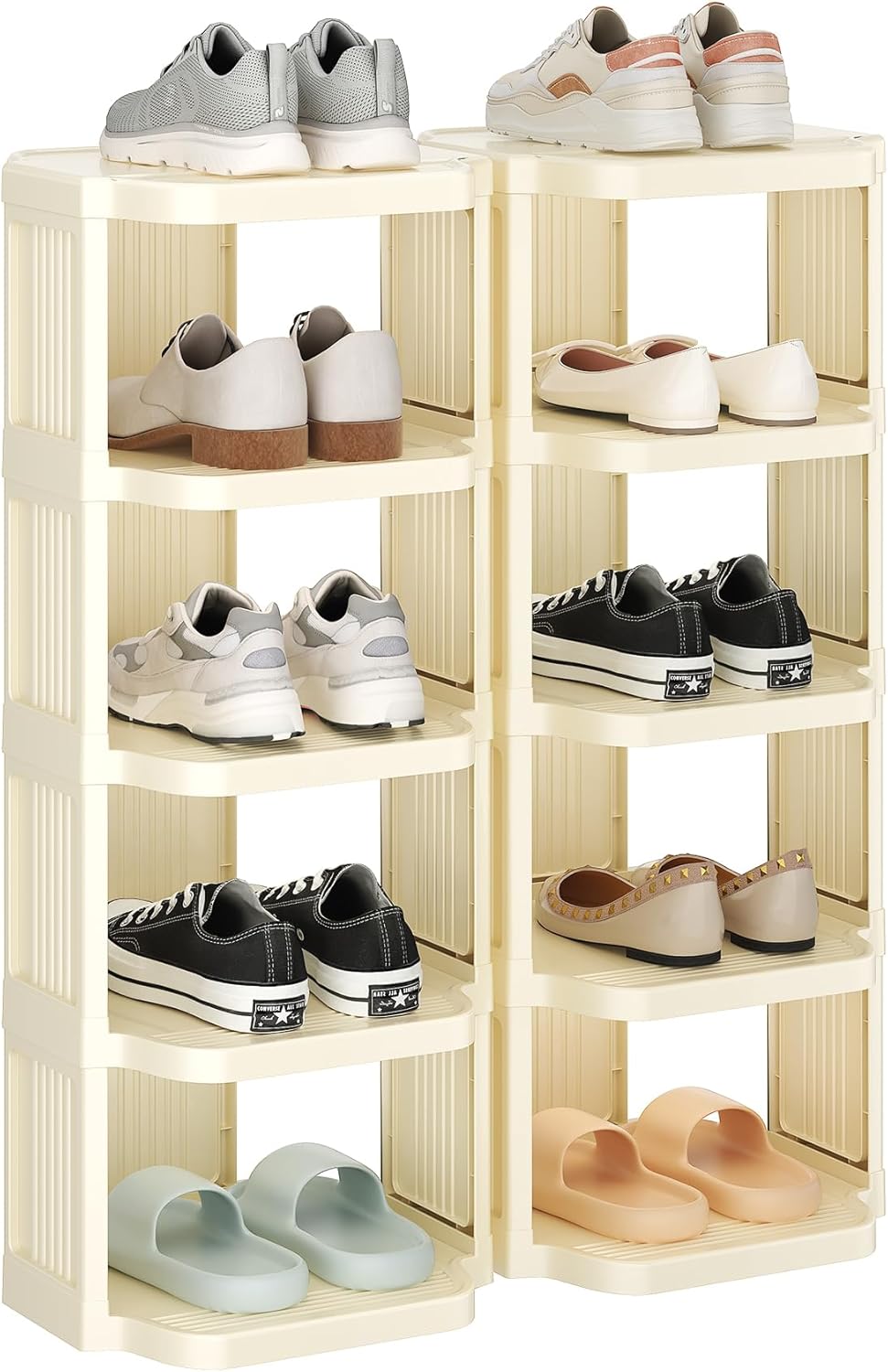 10 Tiers Stackable Shoe Rack for Closet and Front Door Entrance - Free Standing Plastic Stand, Narrow Tall Vertical Organizer for Small Spaces Storage, White White 10 Tiers