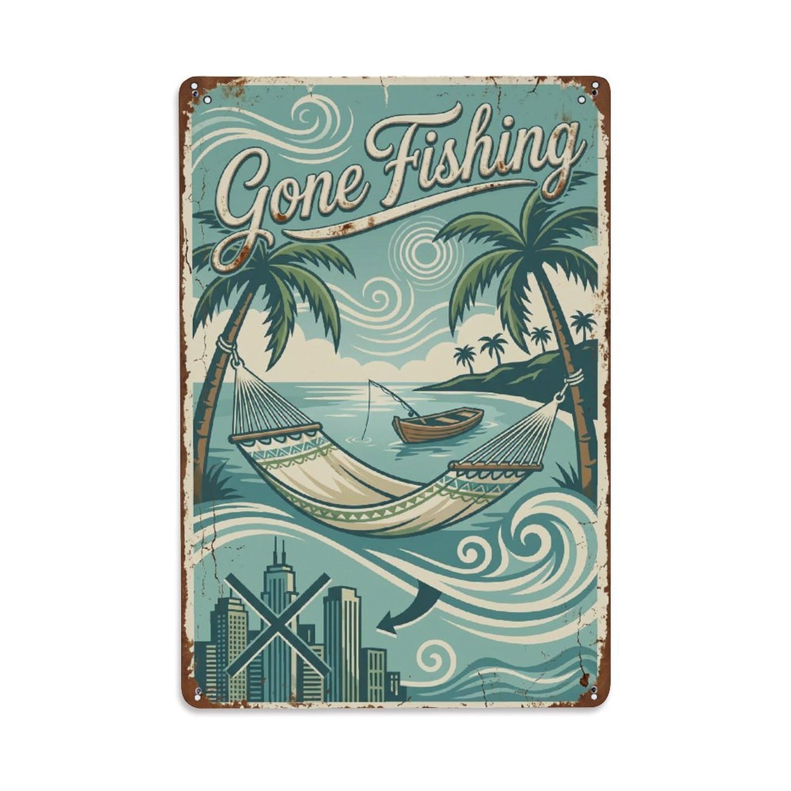 Gone Fishing Escape Retreat Vintage Metal Tin Sign Plaque Wall Decor for Cafe, Club, Garden Metal Poster 8x12Inch