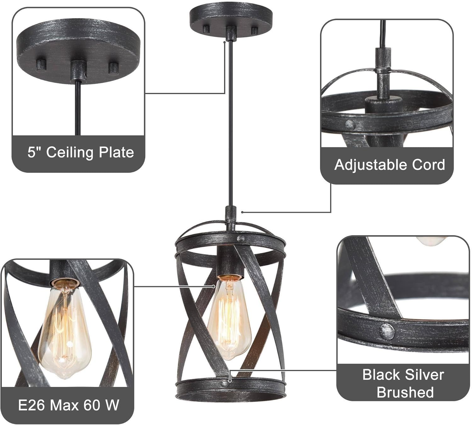 LOG BARN Farmhouse Cage Pendant Light Fixtures, Rustic Industrial Hanging Pendant Lighting with Brushed Finish for Kitchen Island, Foyer, Hallway, Bedroom and Entryway