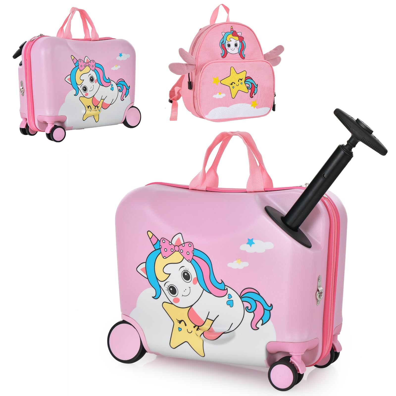 GOPLUS Valise Enfant Fille Garçon, Valise Enfant à roulettes 18" & Sac à Dos 12", Bagage Voyage Enfant d'Assise avec Repose-Pieds, Surface Étanche, Poignée Réglable, Motif Licorne Rose, Charge 50/8KG