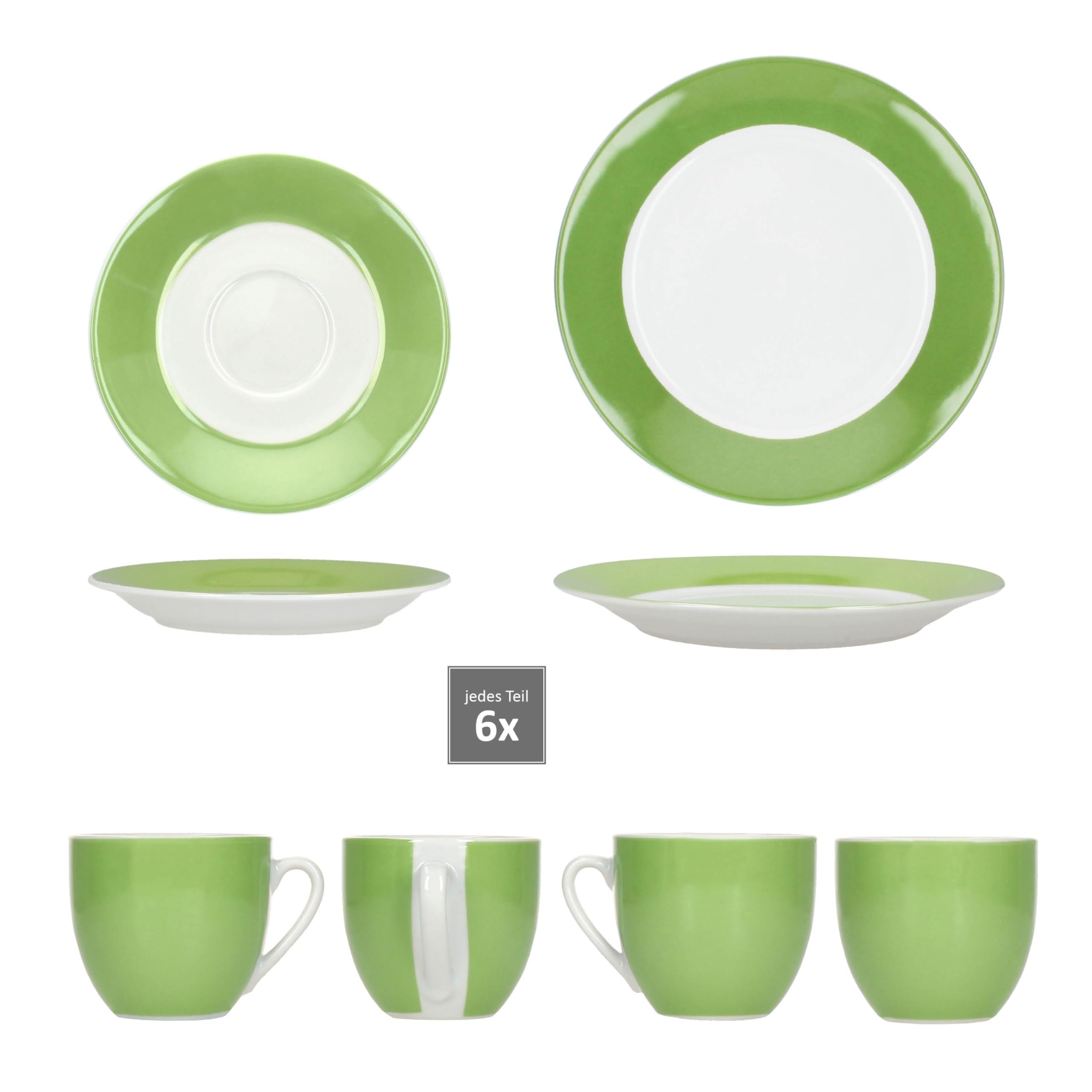 MamboCat Variant Grün 18tlg Kaffeeservice I farbige Porzellan-Kaffeeset für 6 Personen I Je 6X Kaffeetassen 200ml, Untertassen & Kuchenteller I buntes Geschirr für Frühstück & Kaffee