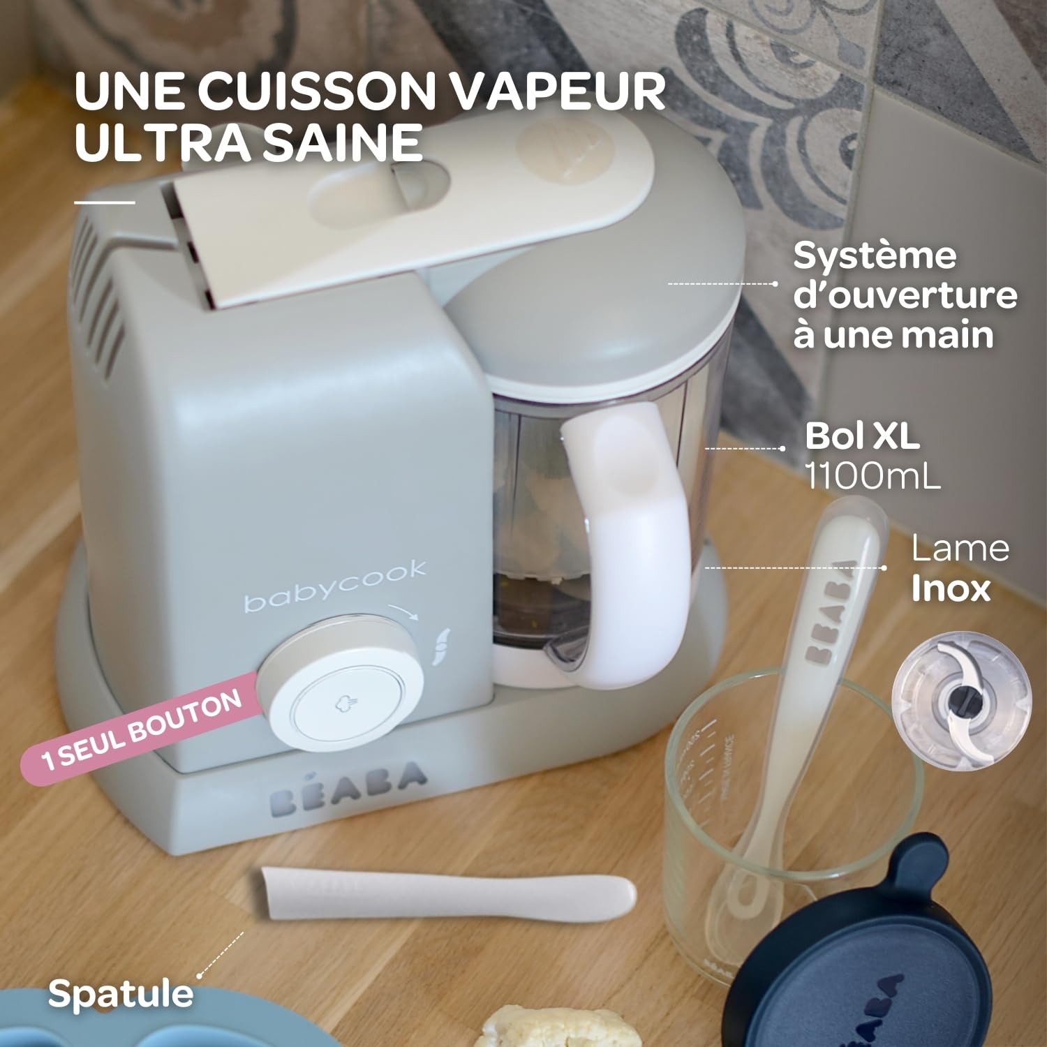 BÉABA, Babycook Solo, Robot Bébé 4 en 1 Mixeur-Cuiseur, Cuisson Vapeur, Diversification alimentaire, Petits pots bébé maison, Gris