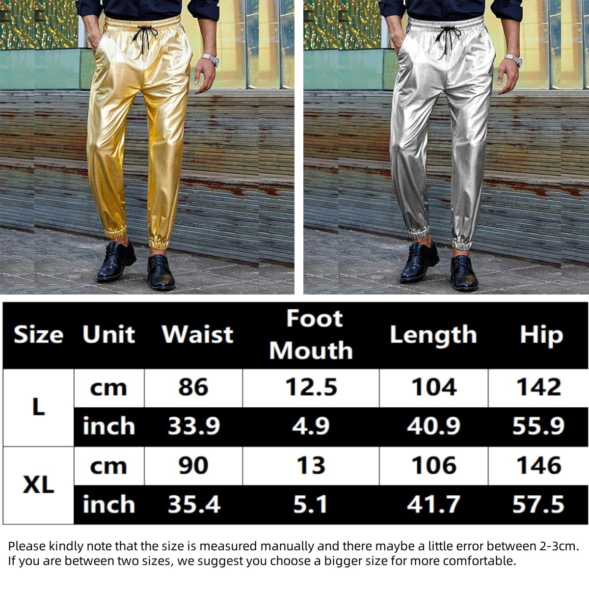 Herren Glänzende Hose, Metallic Kordelzug Taille Disco Hose mit Taschen, Mid Waist Kunstleder Hologramm Hip Hop Tanzhose Elastische Volle Länge Wetlook Hose für Nachtclub Party Festival
