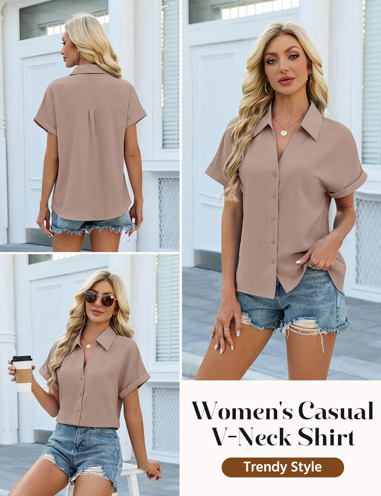 HEEKPEK Chemise Femme Manche Courte Chemisier Chic et Élégant Blouse Manches Chauve-Souris Haut Été Col en V Tunique avec Boutons T-Shirt Ample Tops D'été pour Décontractés Travail