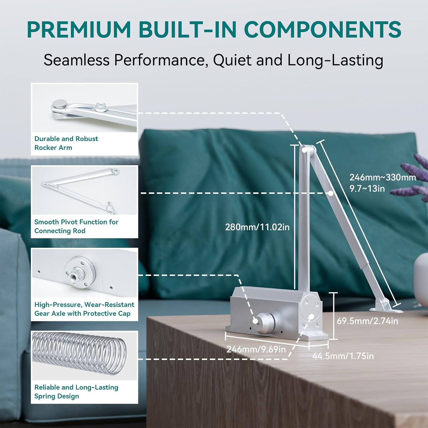 Automatic Door Closer, Adjustable Self Closing, Backcheck Function, ADA Compliant, UL 3 Hour Fire Rated, Grade 1 Heavy Duty, 2 Million Cycles, Residential & Commercial Use, Silver Aluminum